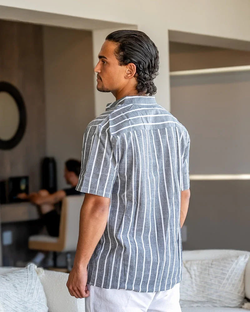 Striped Linen Mandarin Collar Shirt – The Bayside