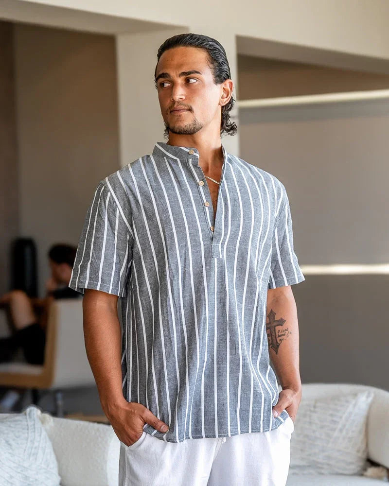 Striped Linen Mandarin Collar Shirt – The Bayside